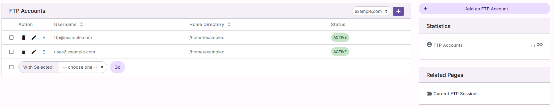 FTP Accounts Page